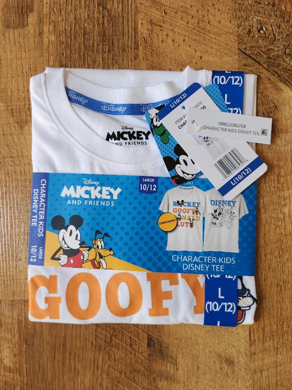 Kids Large 10/12 Disney White Tee with Mickey, Goofy, Donald and Pluto